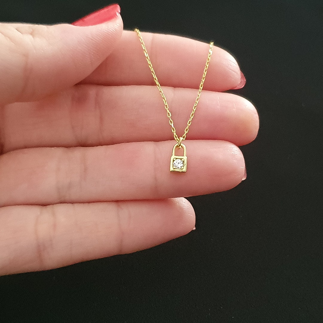 Solid Gold Padlock Necklace, 10k 14k 18k Solid Gold Tiny Lock Necklace