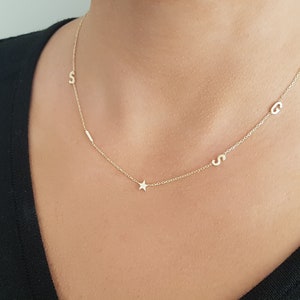 14k Solid Gold Initial Necklace, Sideways Letter Necklace, Personalized Gold Necklace, Multiple Letter Necklace
