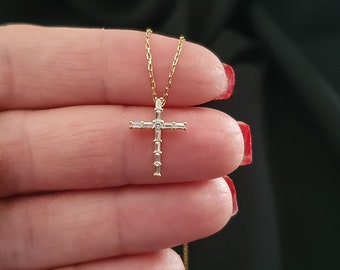 Beautiful and Delicate Baguette Rhinestone Sterling Silver Cross