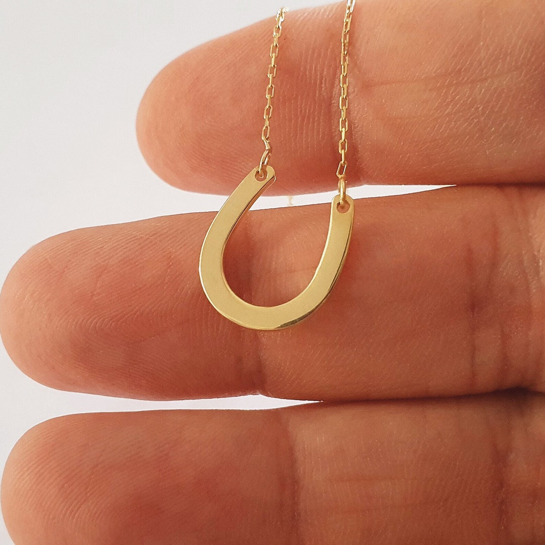 10k 14k 18k Solid Gold Horseshoe Necklace, Good Luck Horseshoe Charm Necklace, Real Gold Lucky