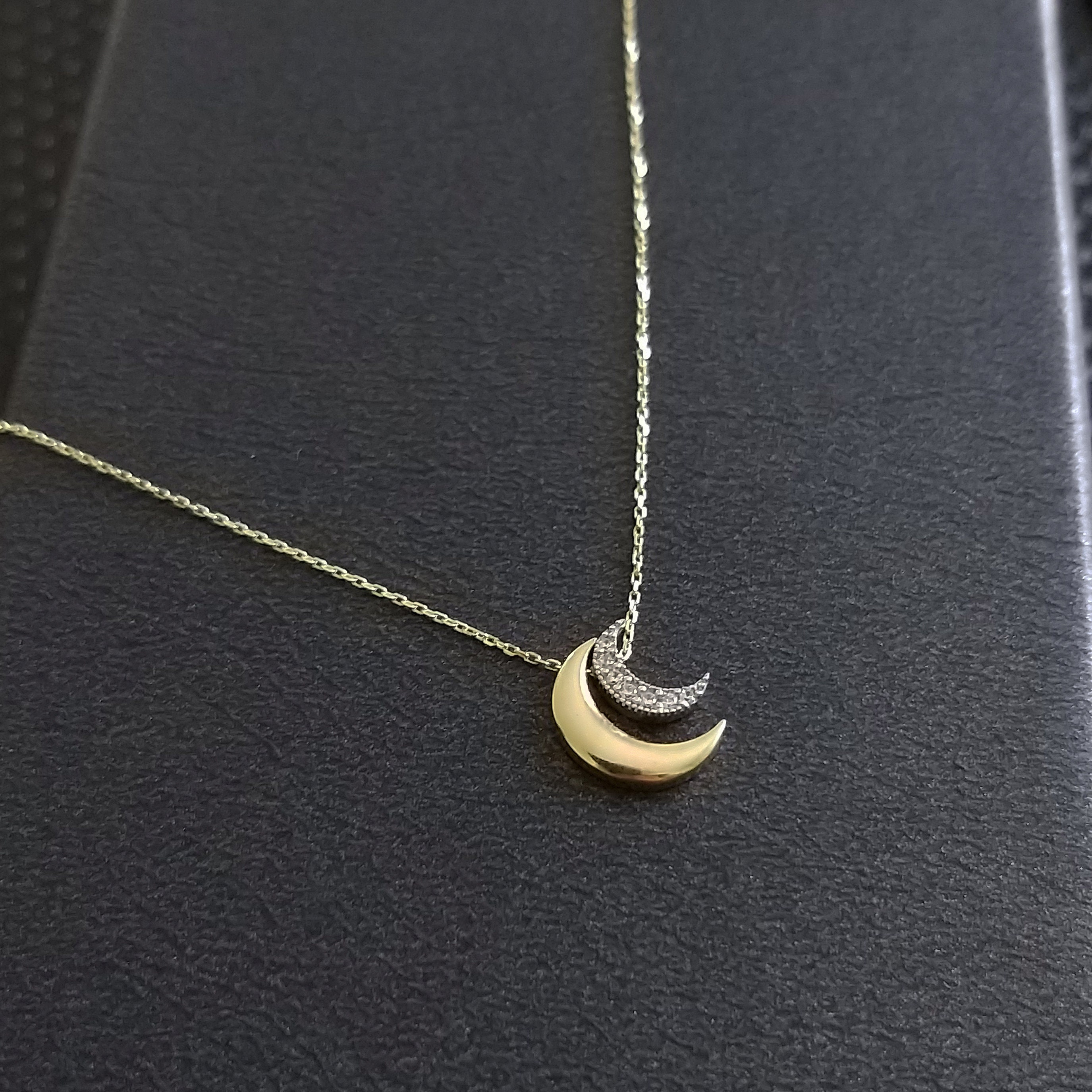 14 K Solid Gold Double Moon Necklace Real Gold Moon Necklace | Etsy