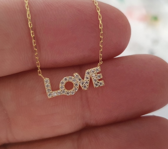 10k 14k 18k Solid Gold Love Necklace Real Gold Love Word Pendant