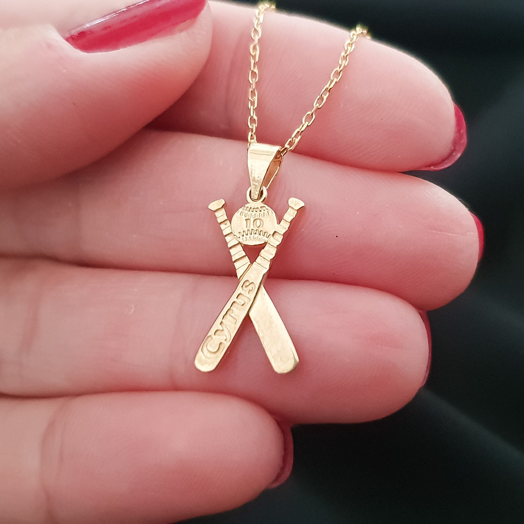 Solid Gold Baseball Bat and Ball Necklace, 10k 14k 18k Solid Gold