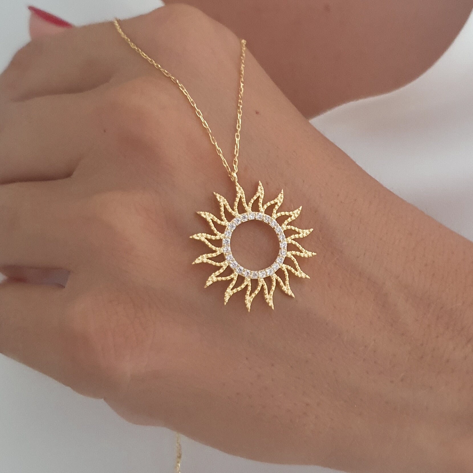10k 14k 18k Solid Gold Sun Necklace Gold Sun Pendant Gold Etsy