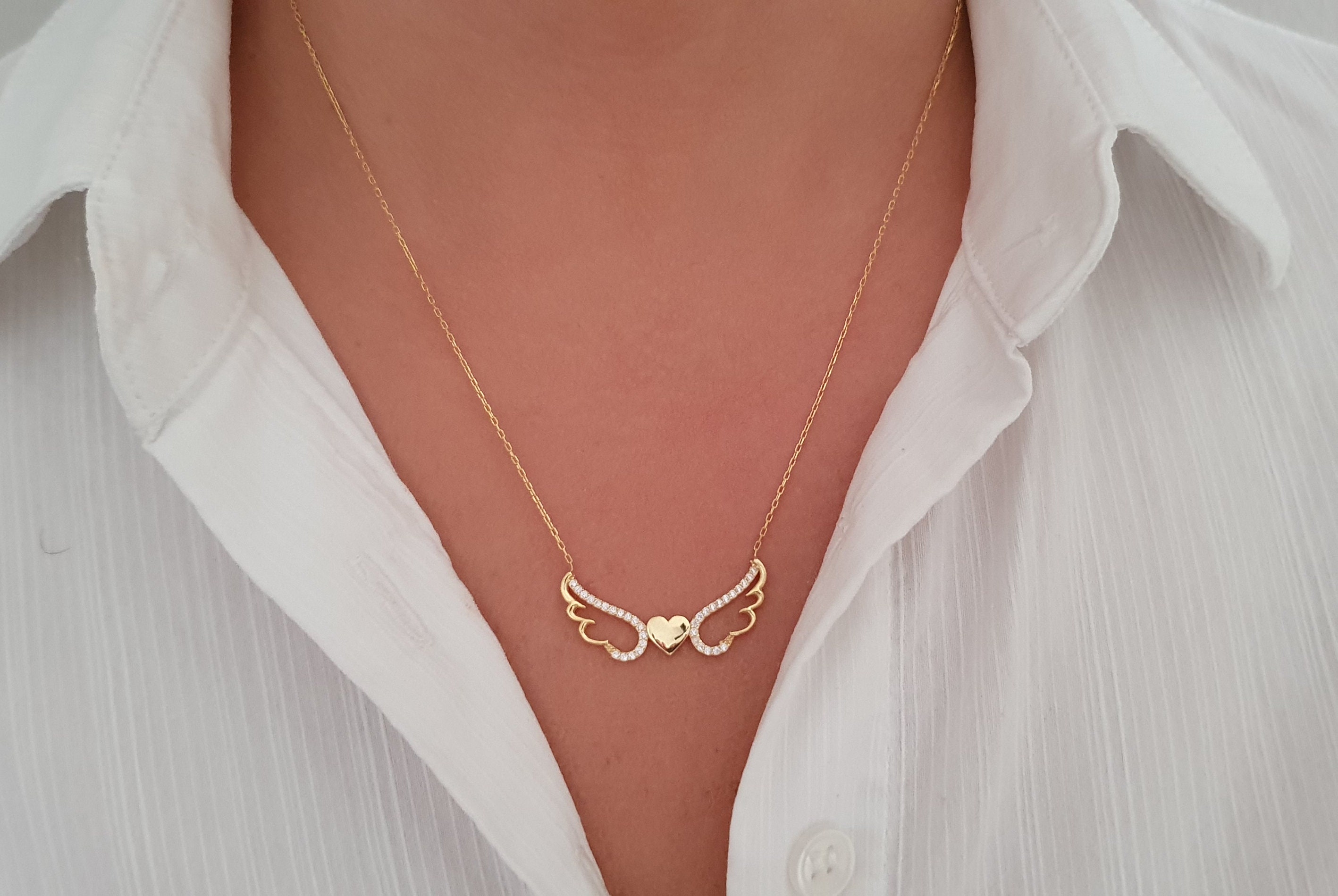 14k Solid Gold Angel Wings Necklace Heart Gold Necklace Etsy