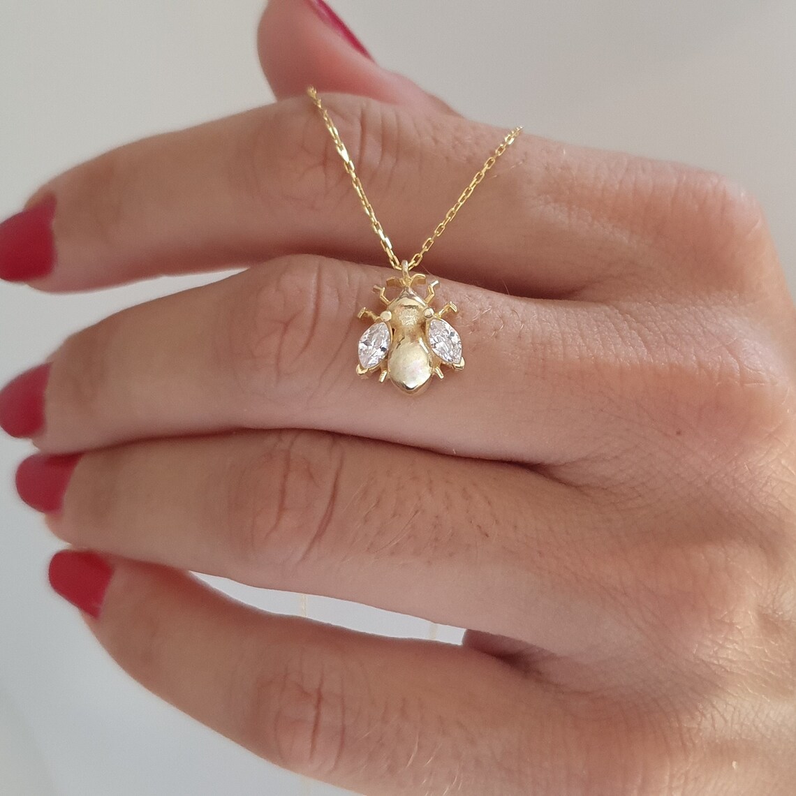 10k 14k 18k Solid Gold Bee Necklace Gold Bee Pendant Animal Etsy