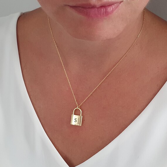 14K Solid Gold Initial Lock Necklace with Diamonds