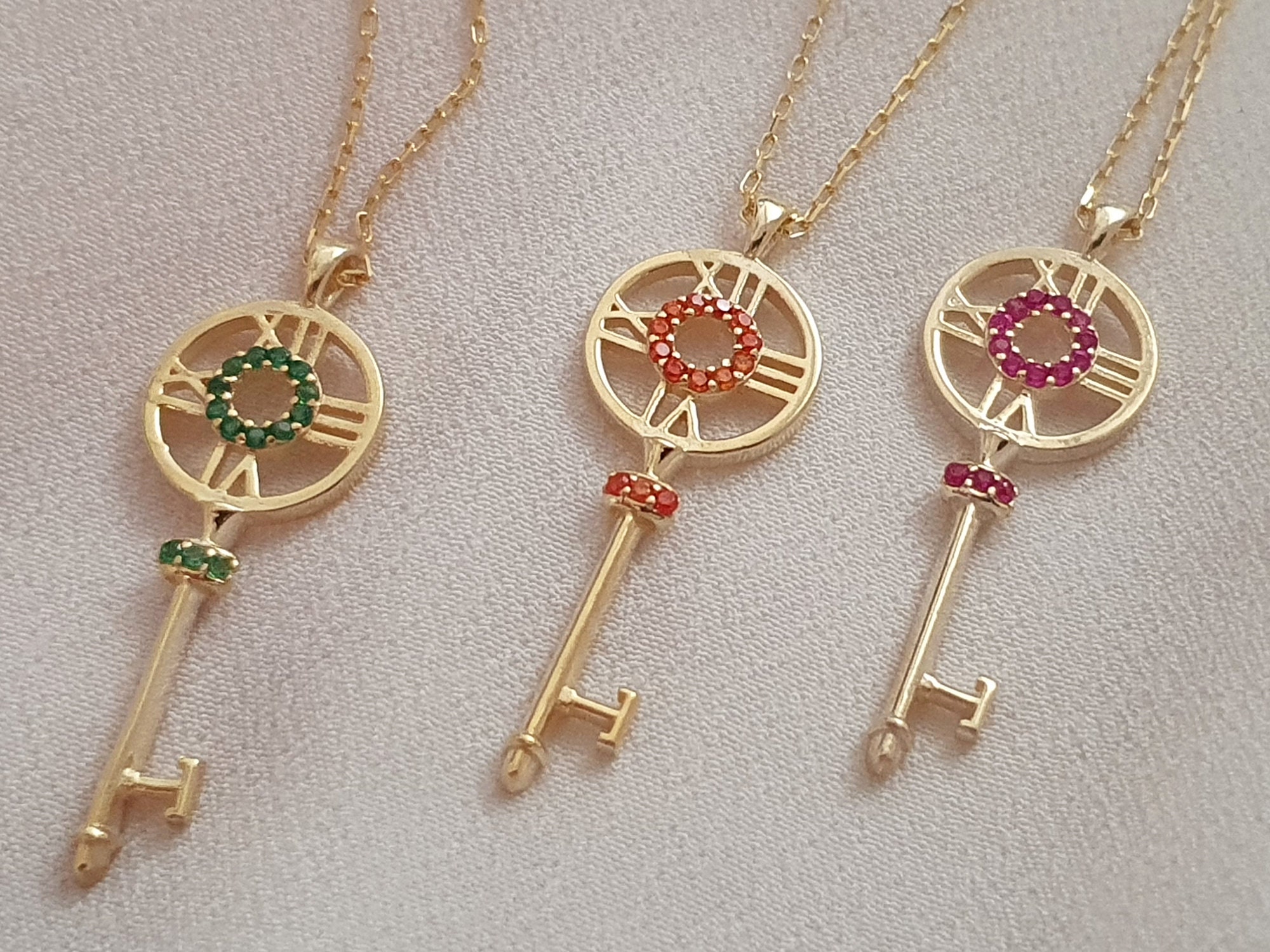 14k Solid Gold Key Necklace Clock 