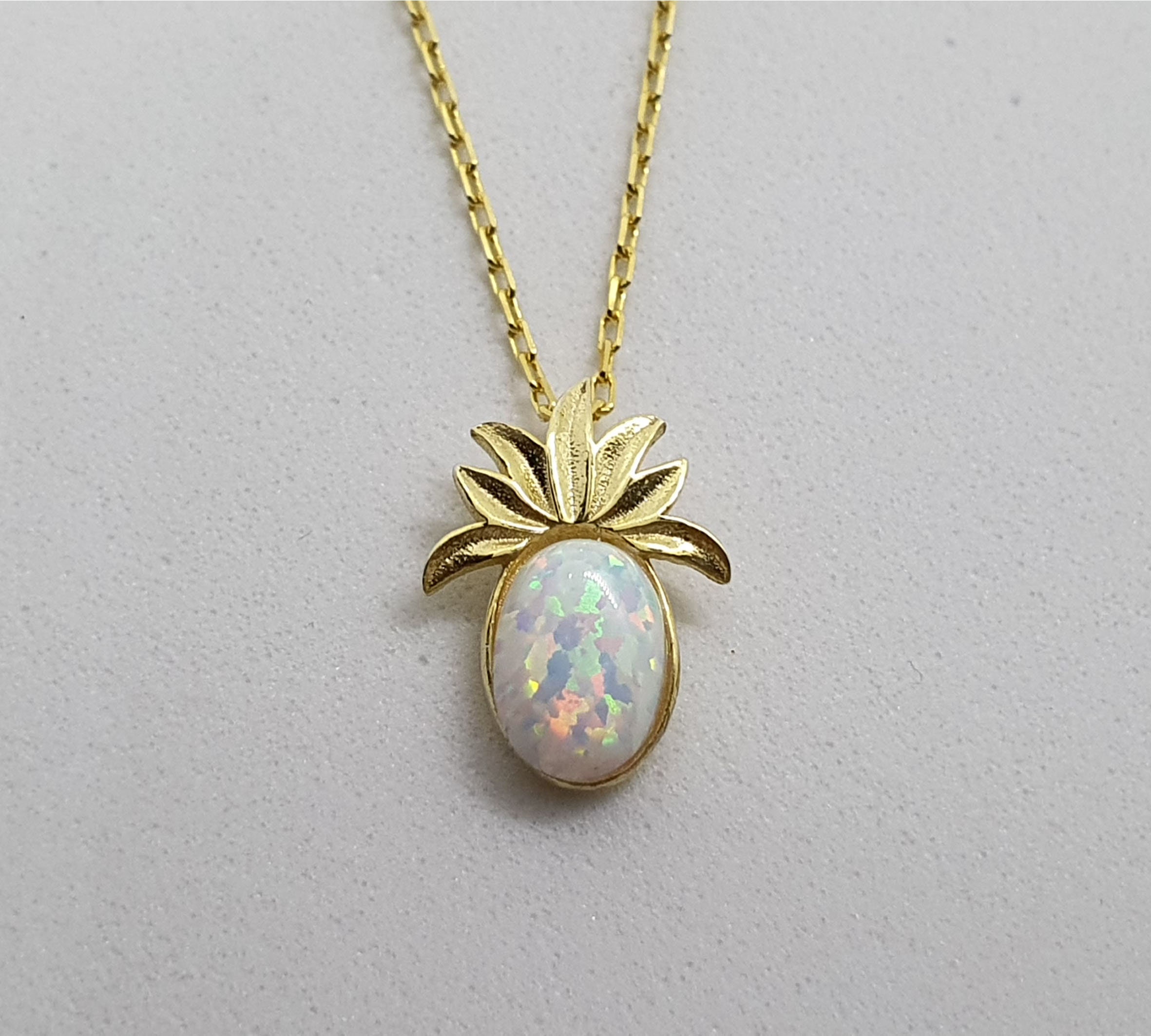 14k Solid Gold Pineapple Necklace Pineapple Gold Pendant Opal