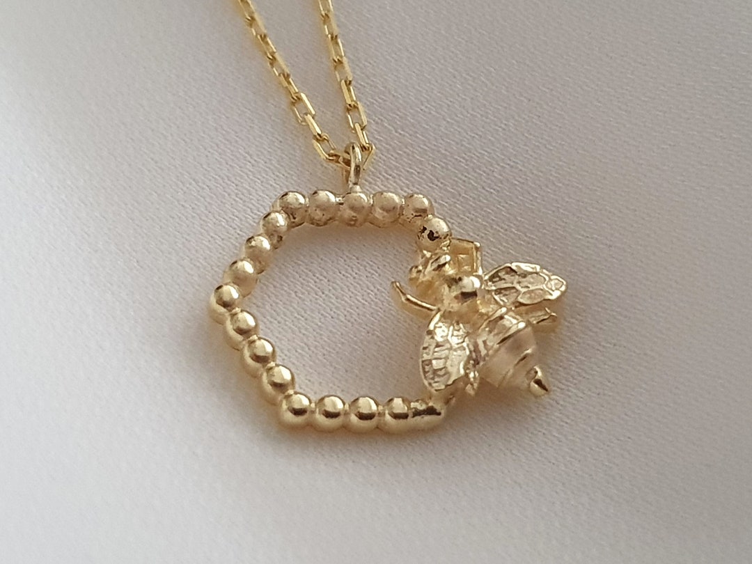 10k 14k 18k Solid Gold Bee Necklace, Gold Pendant, Minimalist
