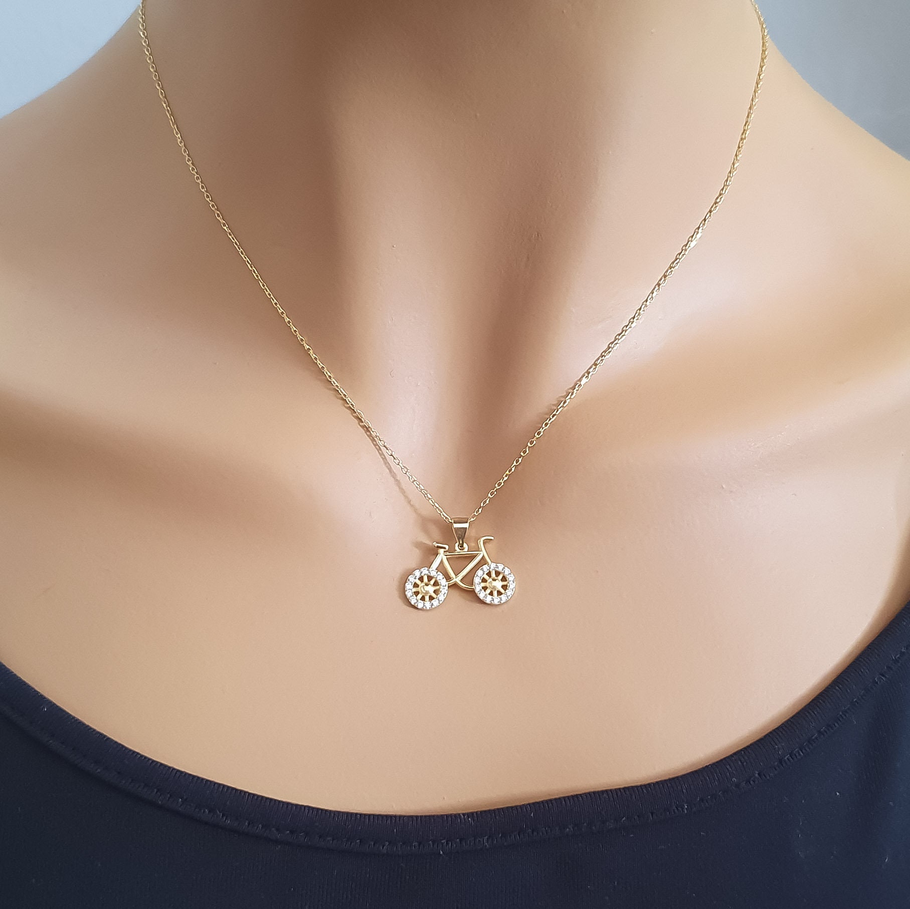 Bike Gold Pendant Necklace in Pearl