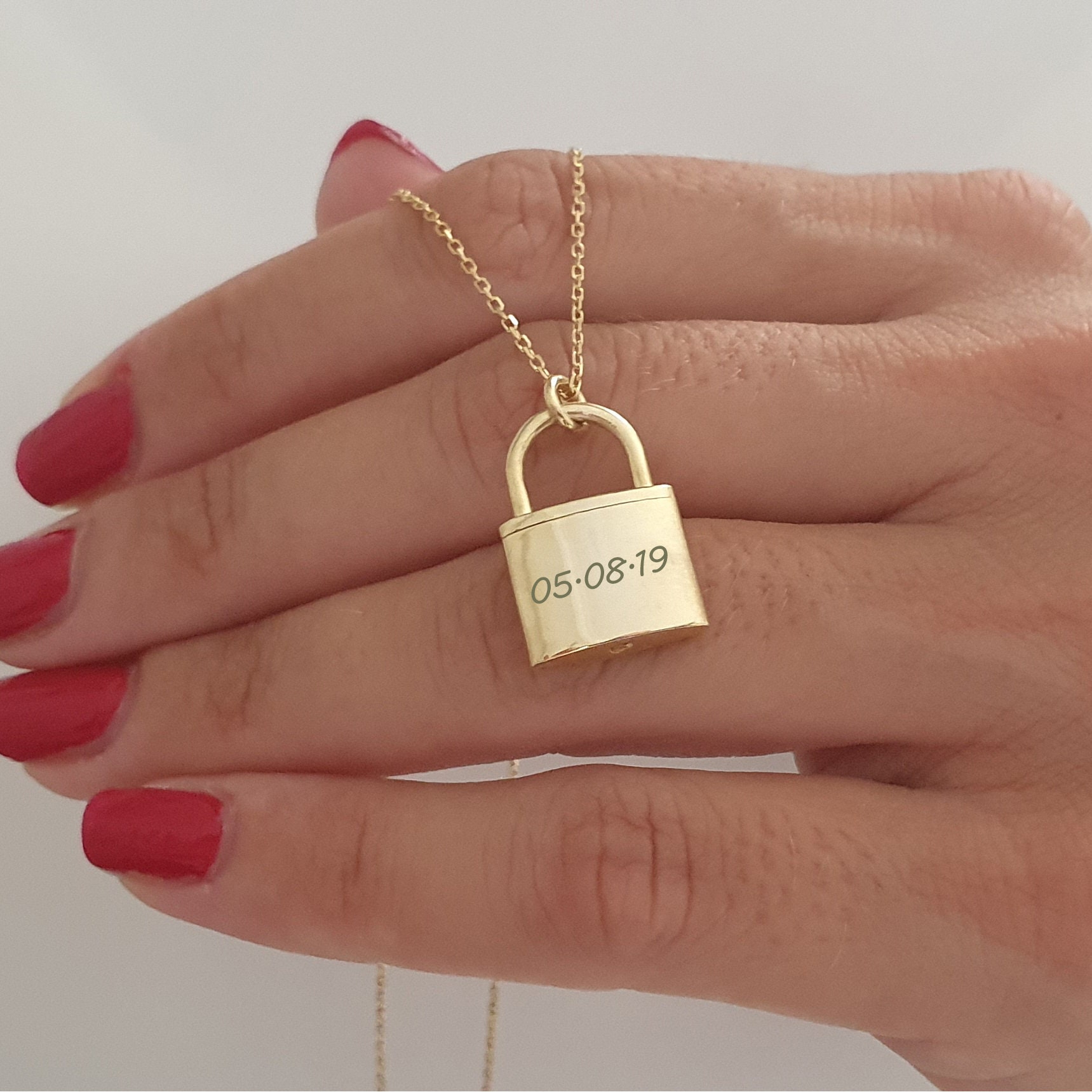 10k 14k 18k Solid Gold Initial Padlock Necklace Gold Lock Etsy