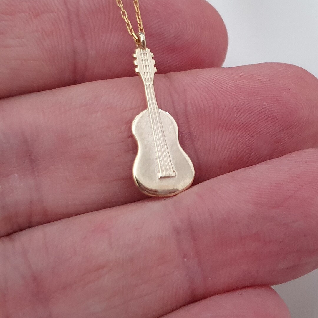 10k 14k 18k Solid Gold Guitar Necklace, Guitar Gold Pendant, Musical Instrument Pendant