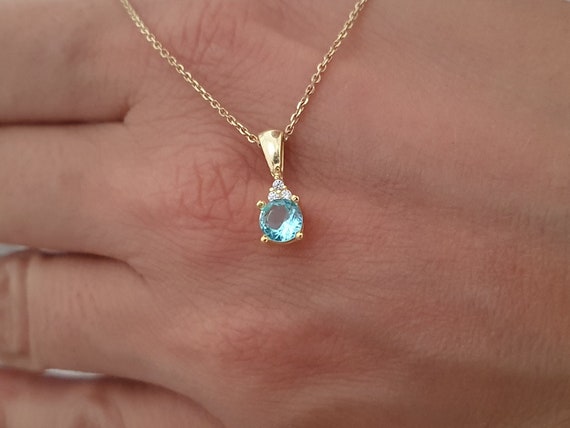 14k Solid Gold Blue Topaz Necklace Blue Topaz Gold Pendant