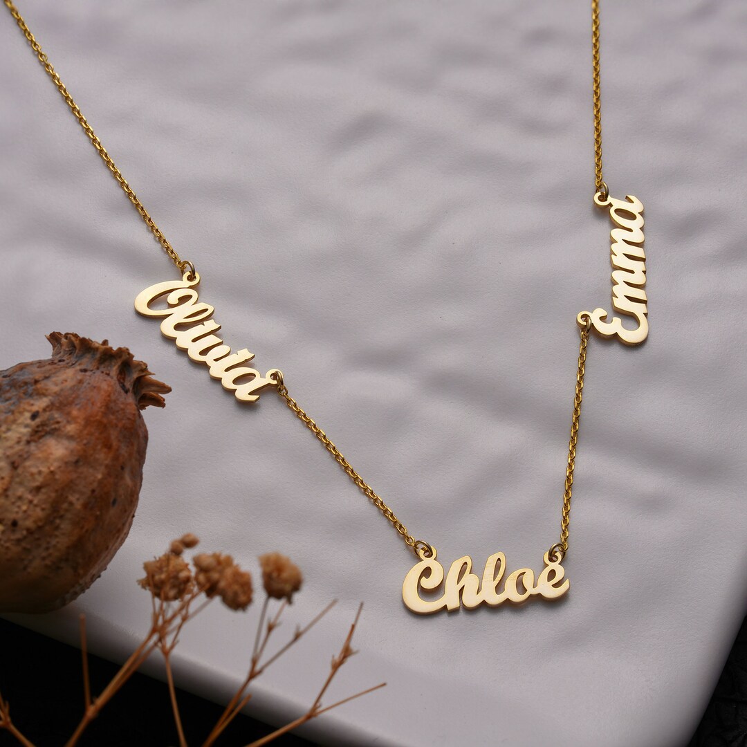 Fancy Name Writing Rial Solid Gold Multiple Name Necklace, Personalized Custom 3 Names Family ...