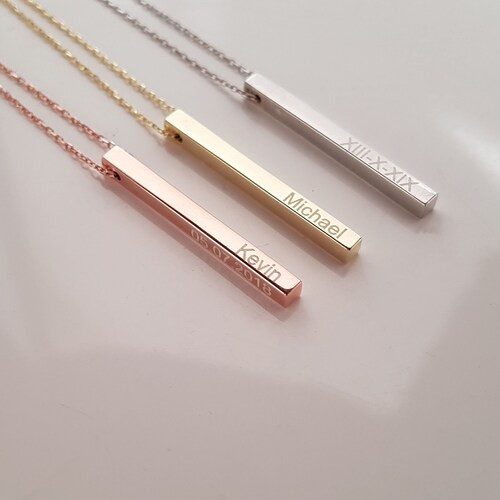 14k Gold 3D Vertical Bar Necklace Engraved Custom Name - Etsy