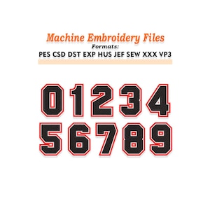 Puede incluir: Archivos de bordado a máquina con los números del 0 al 9. Cada número es negro con un contorno rojo y un fondo blanco. También se muestra el texto "Machine Embroidery Files" y los formatos de archivo.
