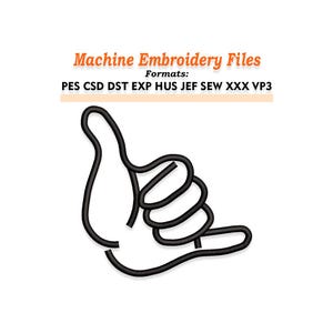 May include: Black line art of a hand making the shaka sign, a gesture of friendliness. The image includes the text "Machine Embroidery Files" and a list of file formats: PES, CSD, DST, EXP, HUS, JEF, SEW, XXX, VP3.