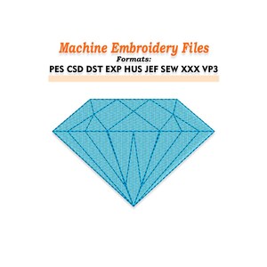 Könnte beinhalten: Ein türkisblaues Diamant-Design für Maschinenstickdateien. Das Bild enthält den Text "Machine Embroidery Files" und listet verschiedene Dateiformate auf: PES, CSD, DST, EXP, HUS, JEF, SEW, XXX und VP3.