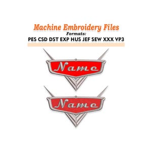 May include: Two red and silver machine embroidery files with the word "Name" in a stylized font. The text "Machine Embroidery Files" and file formats are displayed above the designs. The designs are on a white background.