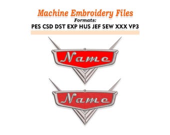 Broderidesignfiler med namnram, bilar. Storlekar: 5 cm, 7 cm, 10 cm, 12 cm, 18 cm, 20 cm, 23 cm. Flera format ingår. Direkt nedladdning.