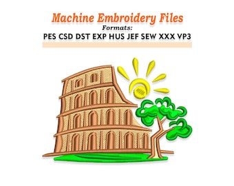 May include: Machine embroidery file design featuring a stylized Colosseum, sun, and tree in shades of brown, yellow, and green. The text "Machine Embroidery Files" and file formats are displayed above the illustration.