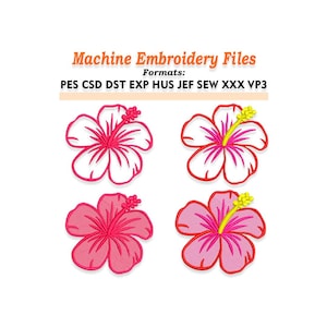 May include: Four machine embroidery files of hibiscus flowers in various styles. The flowers are in shades of pink and white, with yellow stamens. The text "Machine Embroidery Files" and file formats are displayed at the top.