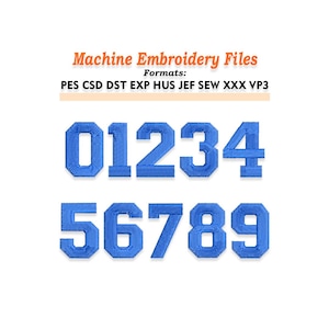 以下が含まれることがあります： 白い背景に青色の刺繍数字0～9。テキスト「Machine Embroidery Files」と「Formats: PES CSD DST EXP HUS JEF SEW XXX VP3」が上にあります。刺繍プロジェクトに最適です。