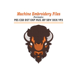 May include: Machine embroidery file featuring a bison head design in brown, orange, and white. The image includes the text "Machine Embroidery Files" and lists various file formats.