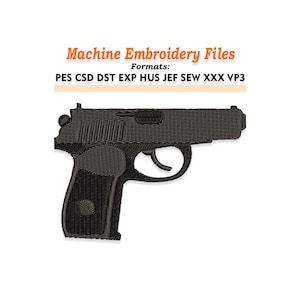 Puede incluir: Archivo de bordado a máquina negro de una pistola. La imagen incluye el texto "Machine Embroidery Files" y enumera varios formatos de archivo: PES, CSD, DST, EXP, HUS, JEF, SEW, XXX y VP3.