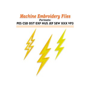 May include: Three yellow lightning bolt designs on a white background. The text "Machine Embroidery Files" is at the top, with a list of formats below. The lightning bolts are in a zig-zag shape.