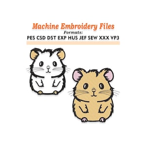 May include: Two machine embroidery files featuring cartoon hamsters. One hamster is white with black outlines, and the other is tan with black outlines. The text "Machine Embroidery Files" and file formats are displayed above the hamsters.