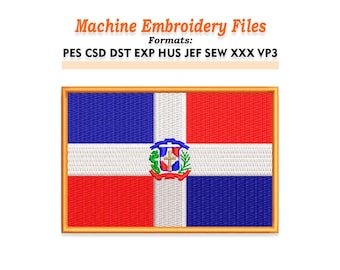 Archivos de diseño de bordado de la bandera de República Dominicana. Tamaños: 1.5", 2", 3", 4", 5", 6", 7", 8" y 9". Múltiples formatos incluidos. Descarga instantánea.