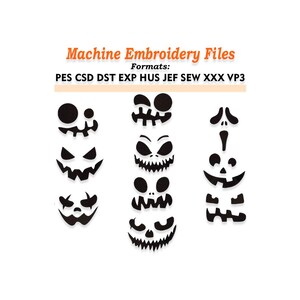 Op de afbeelding: Machine borduur bestanden met verschillende zwarte pompoengezichten. De afbeelding bevat de tekst "Machine Embroidery Files" en vermeldt de formaten: PES, CSD, DST, EXP, HUS, JEF, SEW, XXX, VP3. De gezichten hebben verschillende uitdrukkingen.