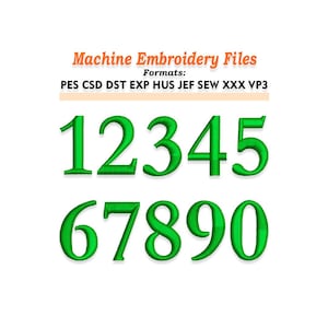 Könnte beinhalten: Grüne gestickte Zahlen 1 bis 0, auf weißem Hintergrund dargestellt. Der Text "Machine Embroidery Files" und "Formats: PES CSD DST EXP HUS JEF SEW XXX VP3" stehen über den Zahlen.