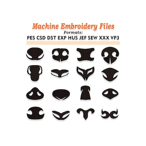 May include: A white background displays various black machine embroidery files of animal noses. The text "Machine Embroidery Files" is in orange, with file formats listed below. The image shows a variety of nose designs.