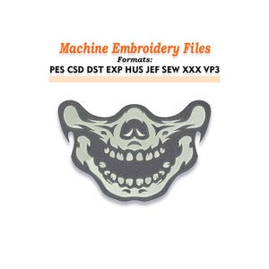 Może przedstawiać: Szary i biały wzór maski na twarz z czaszką. Tekst "Machine Embroidery Files" znajduje się nad maską, z formatami plików wymienionymi poniżej. Maska ma szczegółowy wzór czaszki z widocznymi zębami i oczodołami.