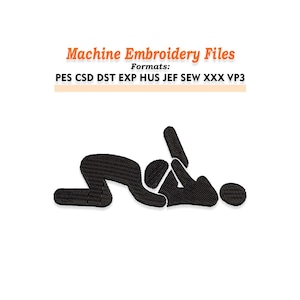 Könnte beinhalten: Schwarzes Maschinenstickdateidesign einer knienden Person mit einem Ball. Der Text "Machine Embroidery Files" und Dateiformate sind in Orange dargestellt.