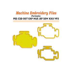 May include: Machine embroidery files featuring three yellow engine designs. The designs include a solid fill and two outlines. The text "Machine Embroidery Files" and file formats are displayed in orange.