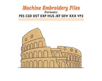 May include: Machine embroidery file featuring a tan Colosseum design. The image includes the text "Machine Embroidery Files" and lists various file formats: PES, CSD, DST, EXP, HUS, JEF, SEW, XXX, and VP3.