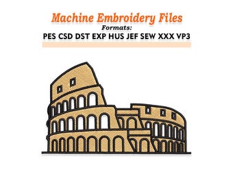 May include: A machine embroidery file design featuring the Colosseum in Rome. The image is a line drawing in shades of tan and brown, with the text "Machine Embroidery Files" and file formats listed above the image.