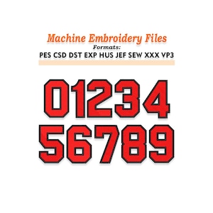 May include: Red embroidered numbers 0-9 with a black outline, set against a white backdrop. The image also includes the text "Machine Embroidery Files" and "Formats: PES CSD DST EXP HUS JEF SEW XXX VP3".