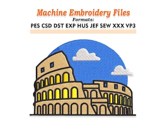 May include: Machine embroidery file featuring a stylized illustration of the Colosseum in Rome, Italy, with a blue sky and two white clouds. The text "Machine Embroidery Files" and file formats are displayed.