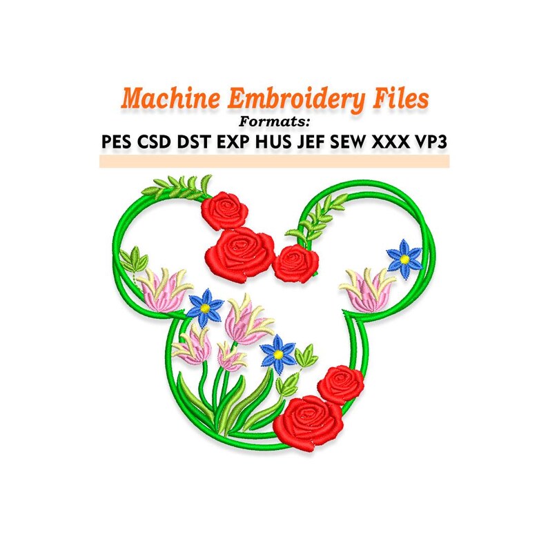 Floral Mouse Silhouette Embroidery Design Files. Sizes 2