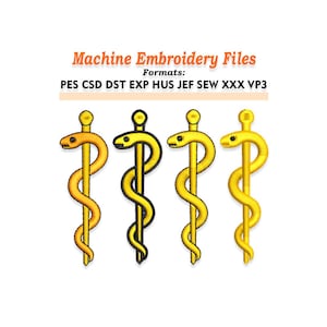 Puede incluir: Archivos de bordado a máquina con cuatro diseños de caduceo en amarillo y negro. El caduceo, símbolo de la medicina, tiene una serpiente enrollada alrededor de un bastón. Se muestra el texto "Machine Embroidery Files" y los formatos de archivo.
