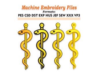 Archivos de diseño de bordado de la Vara de Asclepio. Tamaños: 1", 2", 2.5", 3", 4", 5", 6", 7", 8", 9", 10". Múltiples formatos incluidos. Descarga instantánea.