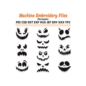 Op de afbeelding: Een witte achtergrond met de tekst "Machine Embroidery Files" in oranje. Negen zwarte Halloween gezichtsontwerpen. De formaten worden vermeld als PES CSD DST EXP HUS JEF SEW XXX VP3.