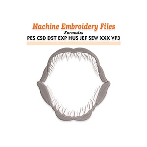 May include: Machine embroidery file featuring a shark jaw design. The image shows a detailed, gray embroidered shark jaw with sharp white teeth, set against a white background. Text at the top reads "Machine Embroidery Files" and lists various file formats.