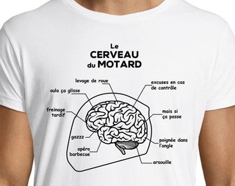 Tee Shirt Moto, Le Cerveau du Motard, T-Shirt Homme Premium, Coupe Ajustée, Existe en 3 Couleurs, Blanc, Gris Chiné et Noir