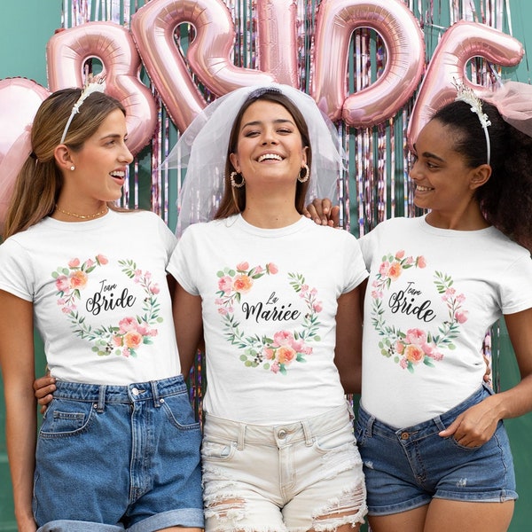 T-Shirt Team Bride | la Mariée | EVJF | Fleurs aquarelle | 100% coton, tissu épais, coupe ajustée